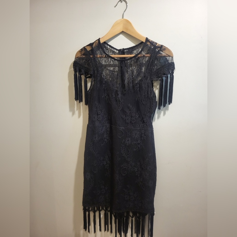 VENUS Black Lace Mini Dress with Fringe